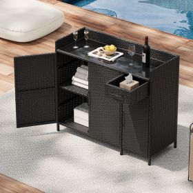 47.5"W Wicker Outdoor Storage Cabinet with Tempered Glass Desktop, Weather-proof Rattan Bar Table with Three Doors, Adjustable Shelf, and One Dra (Color: Black Brown, Material: Rattan+Metal)